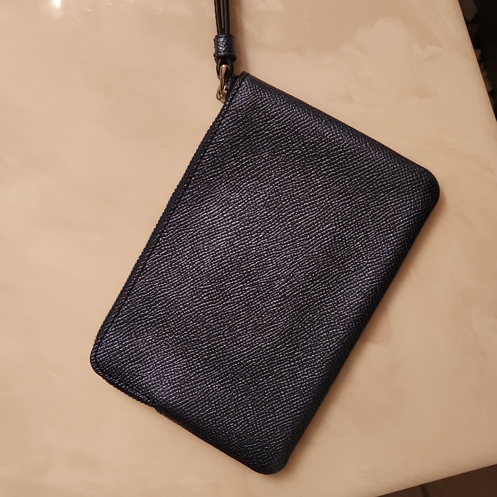 NWT metallic navy Coach small corner zip wristlet bag blue wallet - Picture 2 of 6